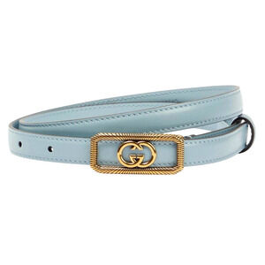 GUCCI Women's Thin Belt w/ Interlocking G Buckle Light Blue Leather SZ 95cm NEW